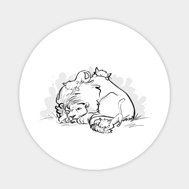 Napping lion with kittens Magnet by Jason's Doodles